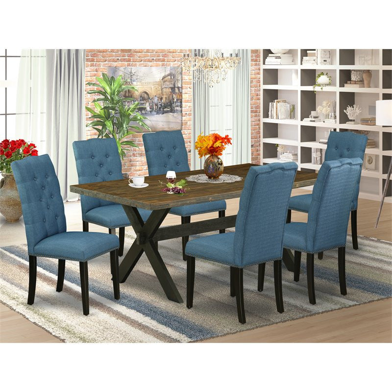 X677El121-7, 7-Piece Set Table and 6 Wonderful Linen Fabric Chairs, Black