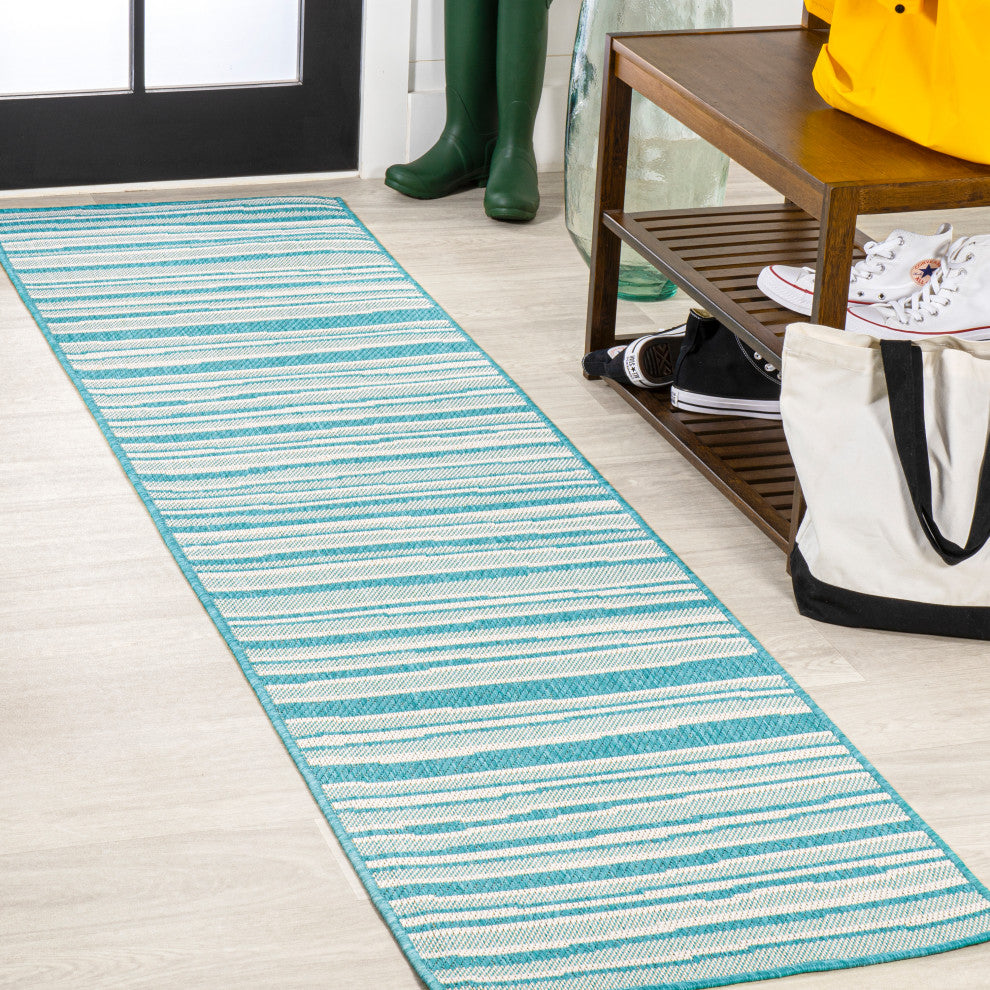 Castara Wavy Stripe Modern Indoor/Outdoor Area Rug, Aqua/Cream, 2x8