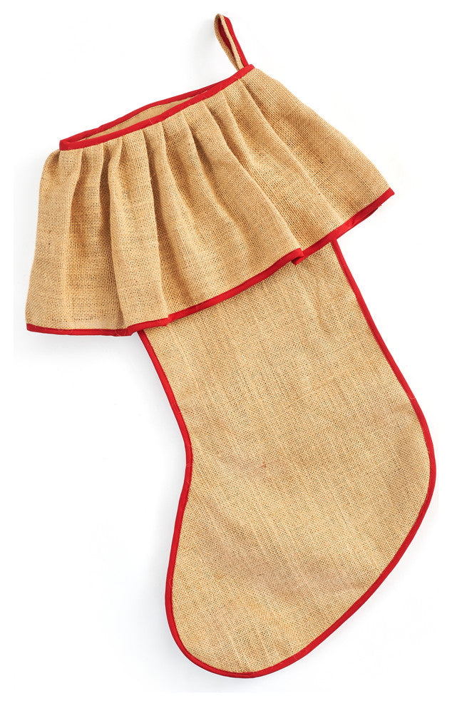 Rustic Jute Christmas Stocking With Ruffle and Red Piping