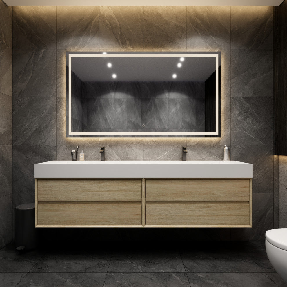 MAX 84" Double Floating Bath Vanity With Acrylic Sink, Coffee Wood, Coffee Wood