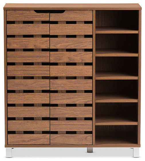 Shirley Modern Walnut Medium Brown Wood 2-Door Shoe Cabinet With Open Shelves