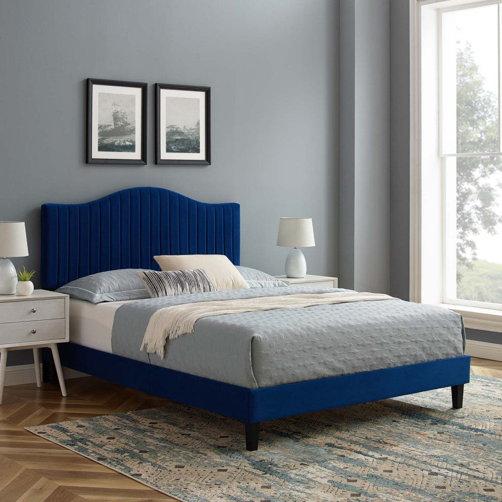 Juniper Channel Tufted Performance Velvet Full Platform Bed, Navy