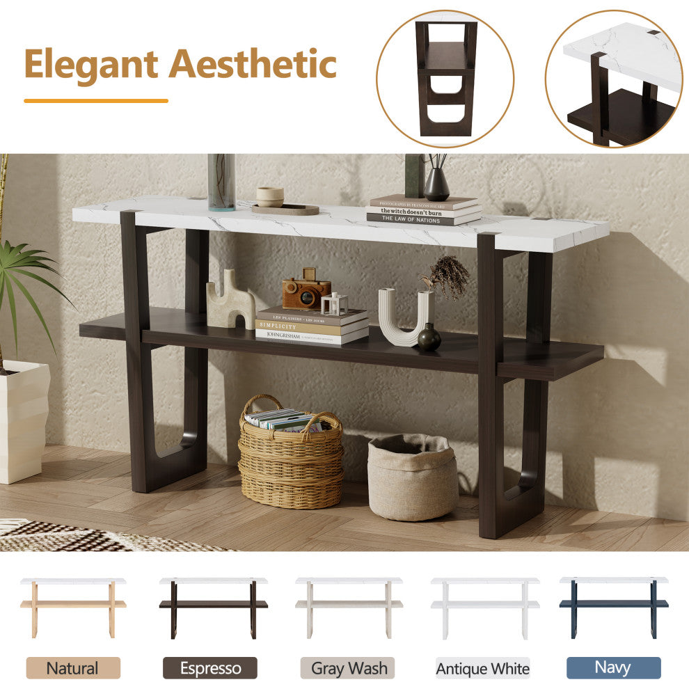 TATEUS Narrow Console Table with Marble-Effect Top for Entryway and Living Room, Espresso