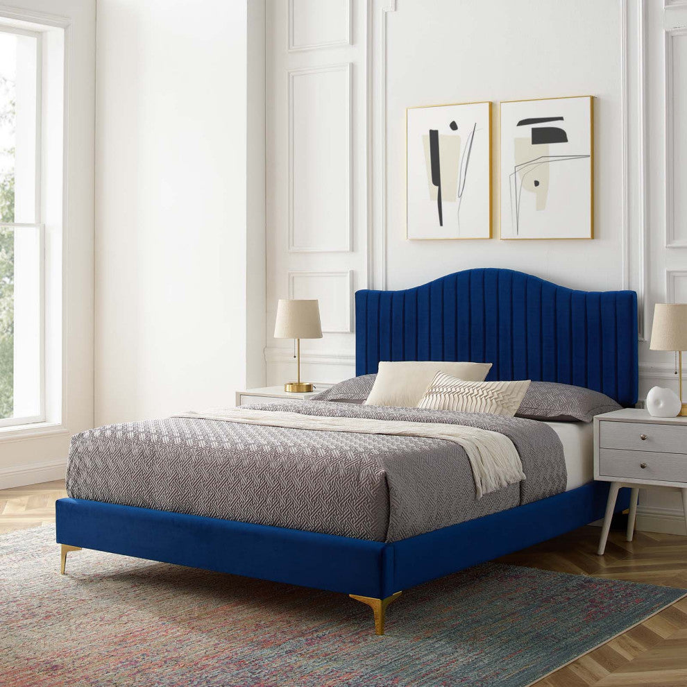 Juniper Channel Tufted Performance Velvet Twin Platform Bed, Navy