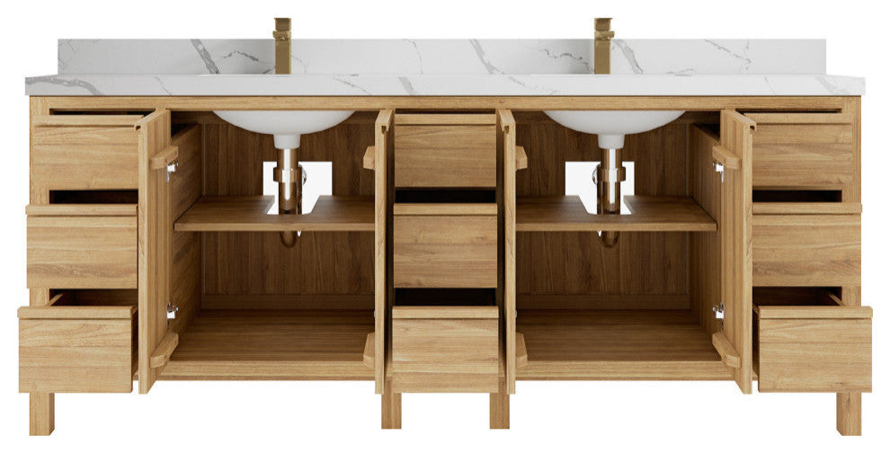 Elizabeth 84 Double Sink Bath Vanity in Light Natural Teak 2" Calacatta Laza