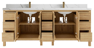 Elizabeth 84 Double Sink Bath Vanity in Light Natural Teak 2" Calacatta Laza
