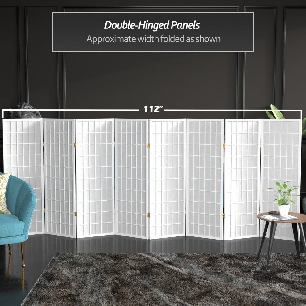 4' Tall Window Pane Shoji Screen, White, 8 Panels