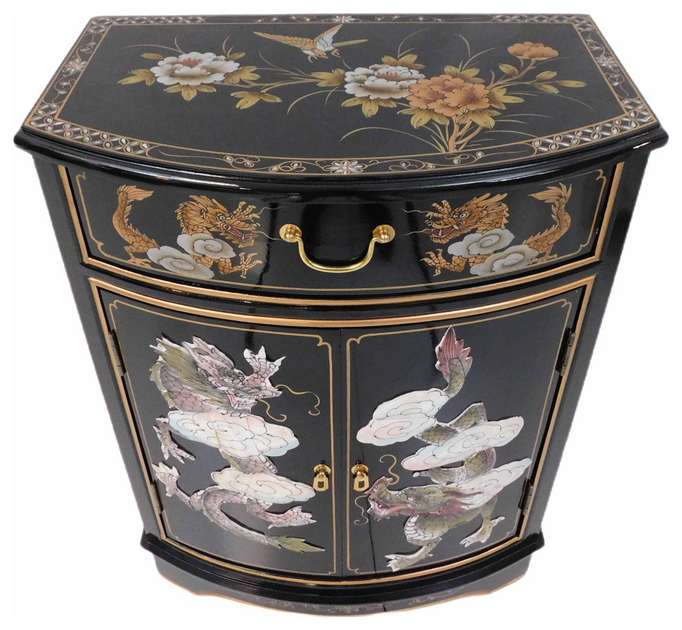 Dragon Mother of Pearl Inlaid Cabinet With Drawer and Doors.