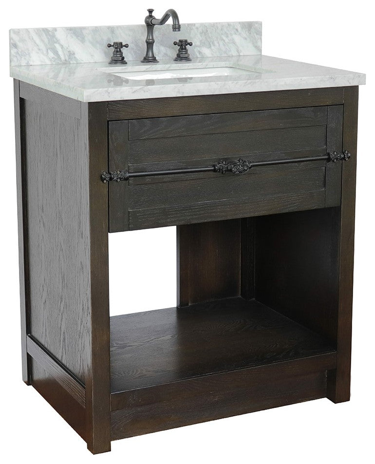 30" Single Vanity, Brown Ash, White Carrara Top, Rectangle Sink