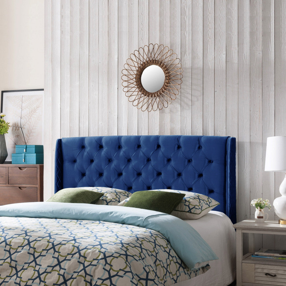 GDF Studio Lidia Wingback Queen/Full Tufted Fabric Headboard, Navy Blue