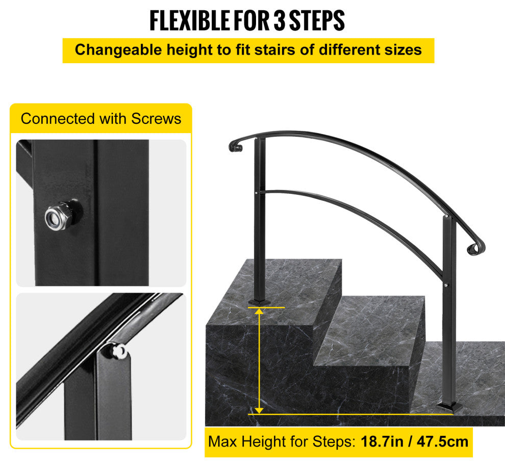 VEVOR Handrails for Outdoor Steps 1 to 3 Steps Stair Railing, Black, 3 Ft