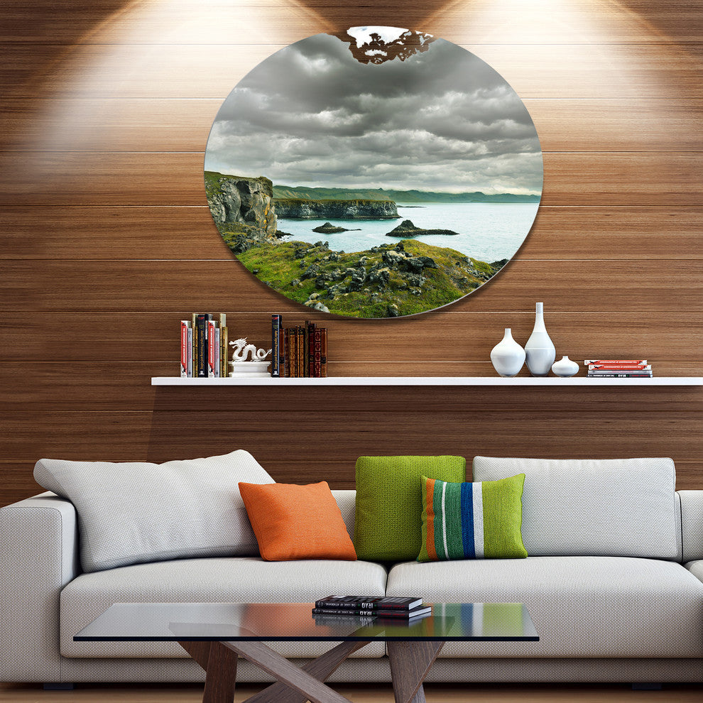 Icelandic Coast Under Dark Clouds, Seashore Disc Metal Artwork, 36"