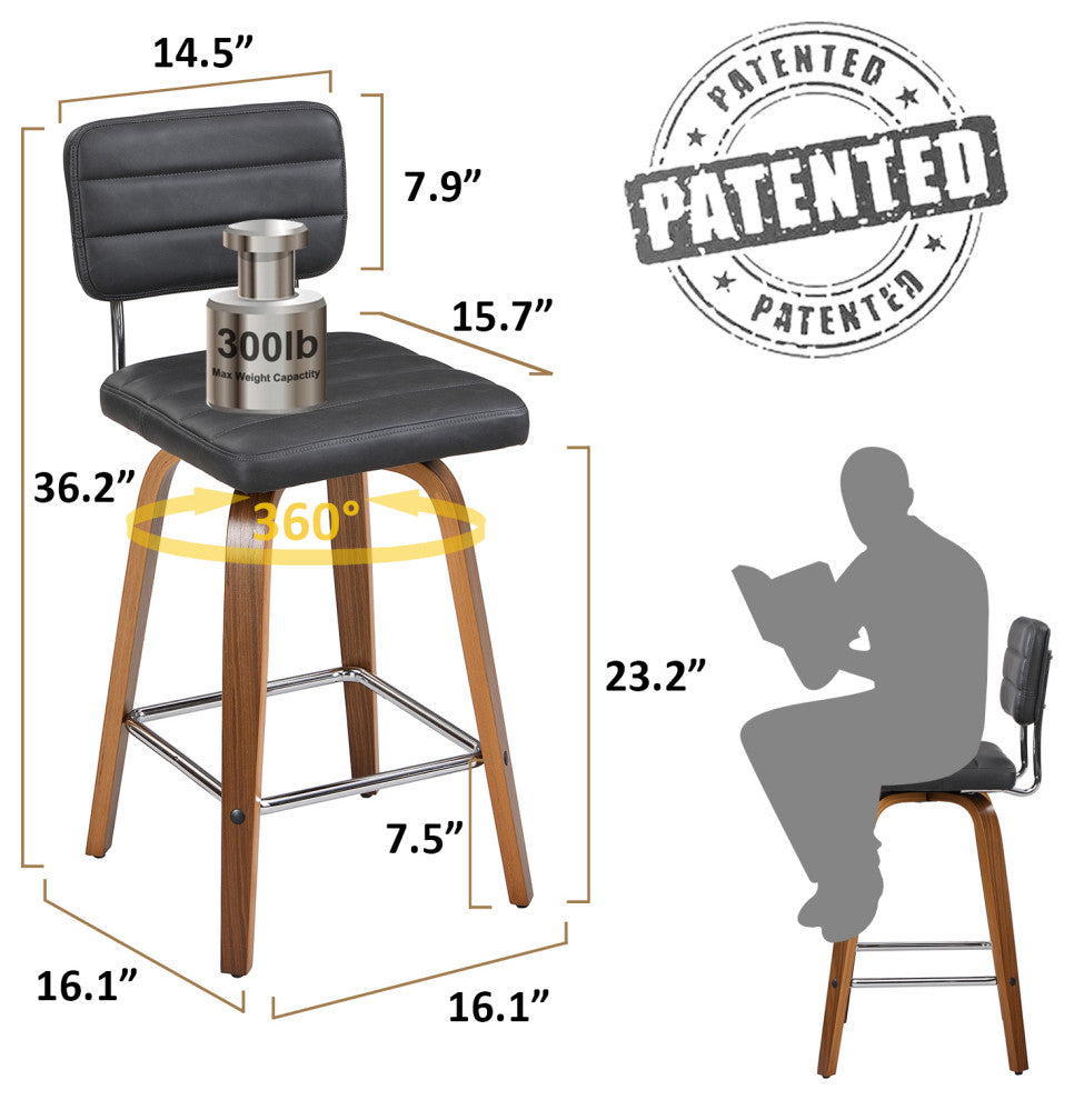 Swivel Bar Stool Leather Bar Stool, Wood Legs, Counter Height, Pu, Set of 2, Gray, 26"