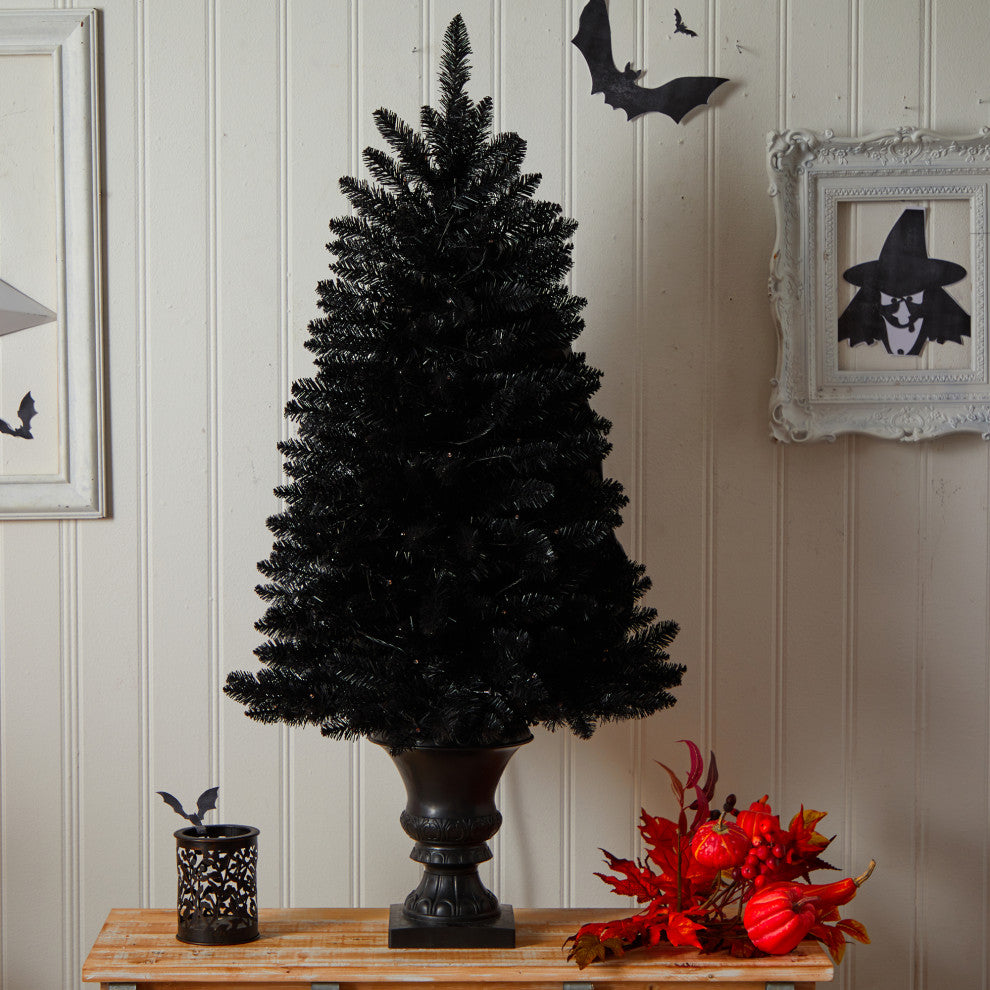 4' Black Halloween Artificial Christmas Tree, Urn With 100 Orange LED Lights