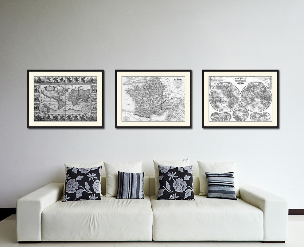 France Vintage Map Print On Canvas With Black Custom Frame, 16" X 21"