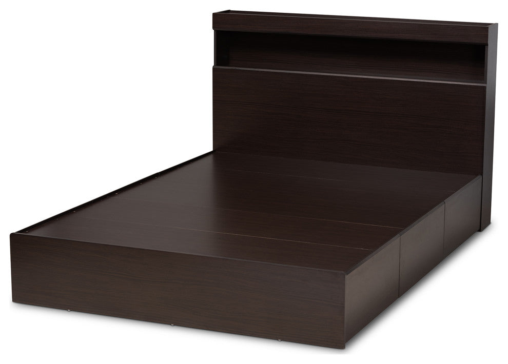 Elkton Walnut Finish Mid Century Platform Bed With Storage, Queen