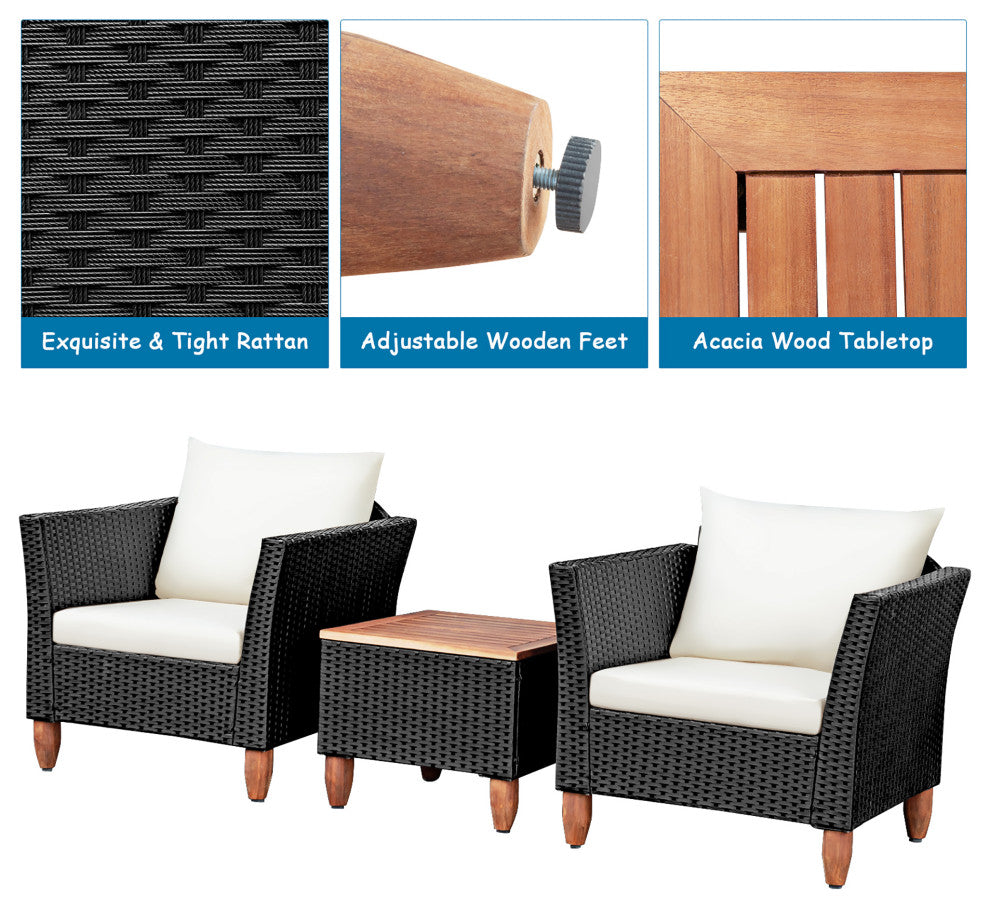 Costway 3PCS Outdoor Patio Rattan Furniture Set Cushioned Sofa Black