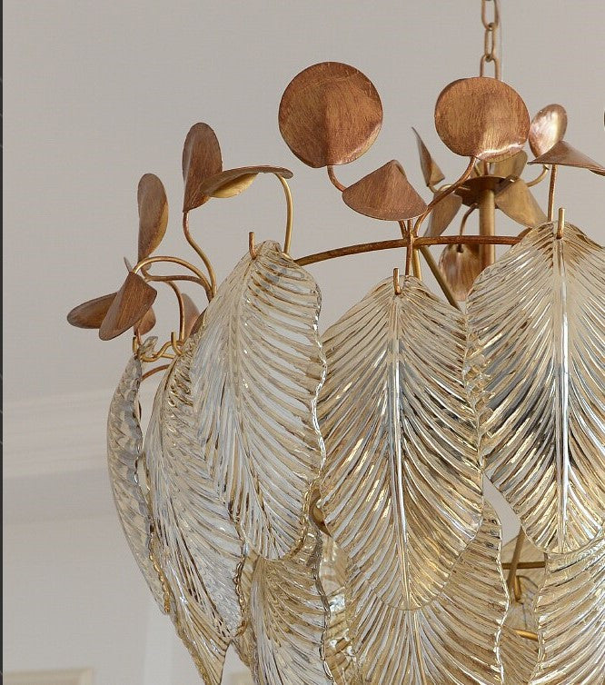 Uster | Glass Leaves Chandelier for Living Room, Cognac