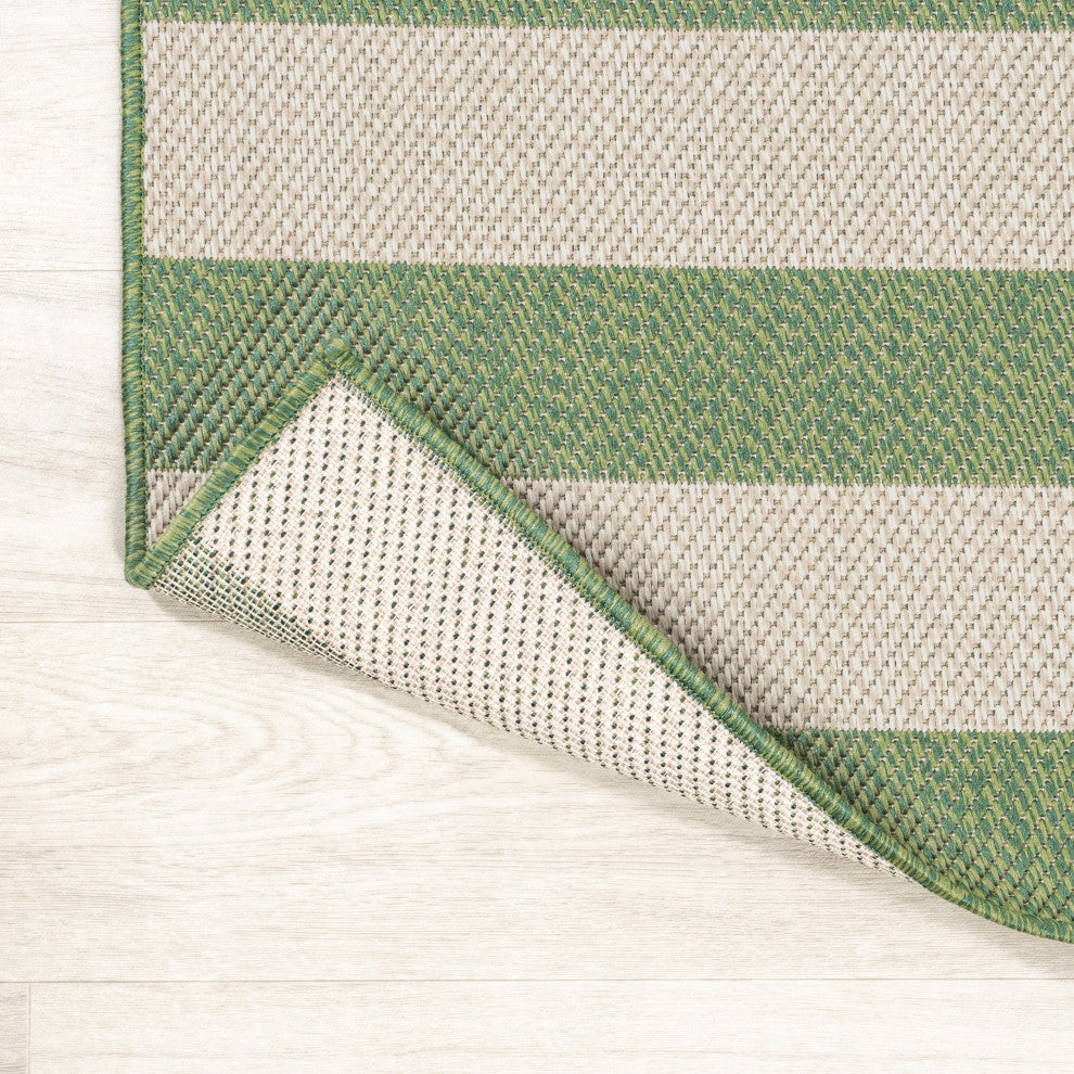 Negril Two-Tone Wide Stripe Indoor/Outdoor Area Rug, Green/Cream, 2x8