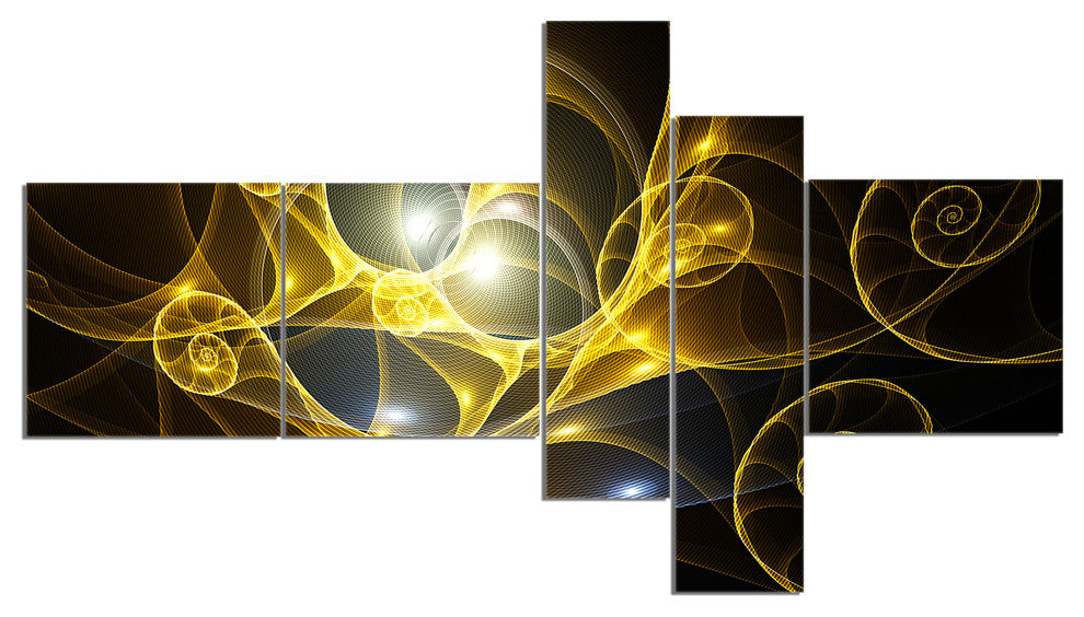 Golden Curly Spiral on Black, Abstract Wall Art Canvas, 60"x32", 5 panels