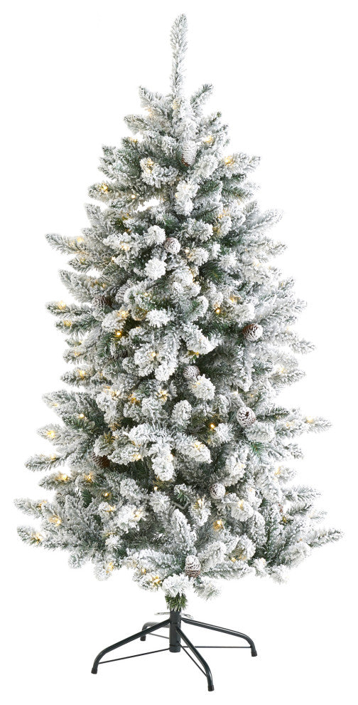 5' Flocked Livingston Fir Faux Xmas Tree With Pine Cones & 200 Clear Warm Lights