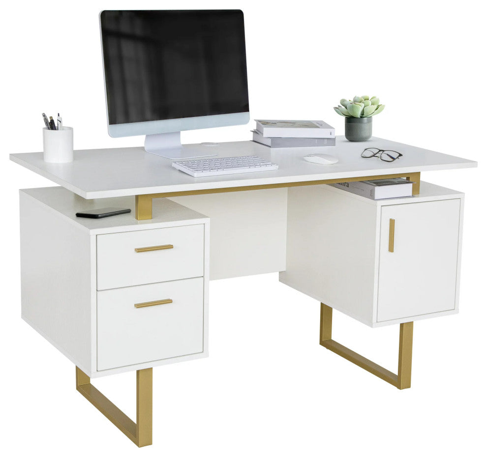 Elegant Desk, Floating Top With Cube Shaped Cabinet & Large Drawers, Gold/White