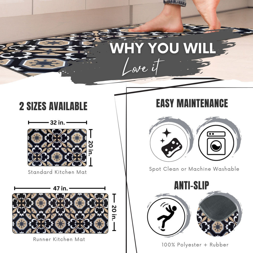 Carmen Printed Kitchen Runner Mat 47" x 20" Black and Beige Tile Design