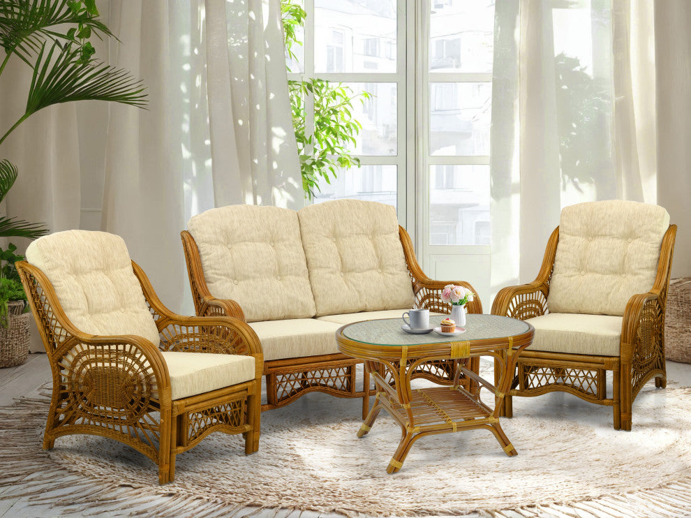 Malibu Lounge Armchair, Natural Rattan Wicker Handmade, Colonial, Cream Cushions