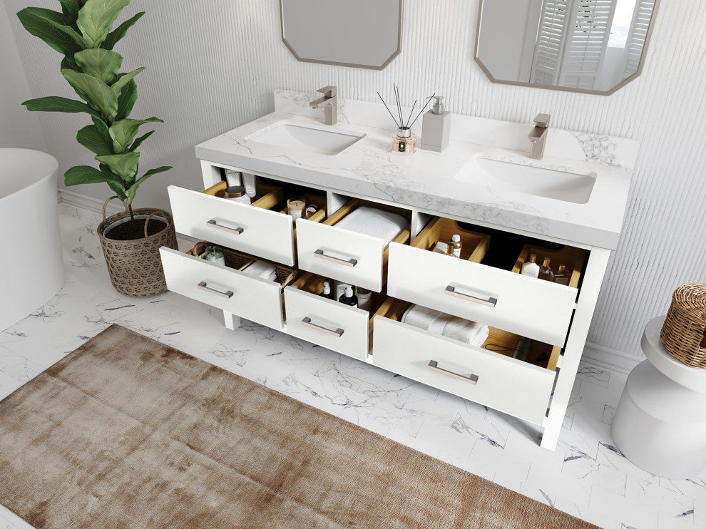 Parker 60 Double Sink Bathroom Vanity in White 2" Carrara Quartz