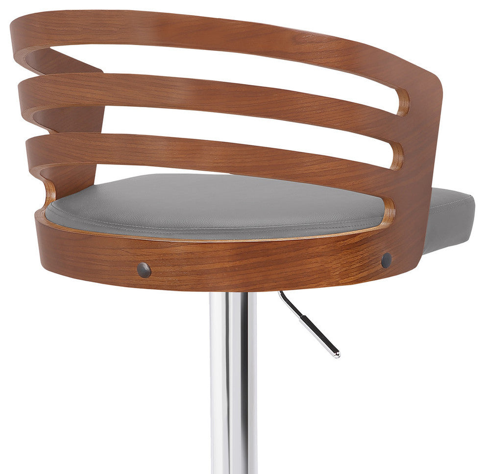 Adele Adjustable Swivel Bar Stool, Chrome/Gray Faux Leather/Walnut Veneer