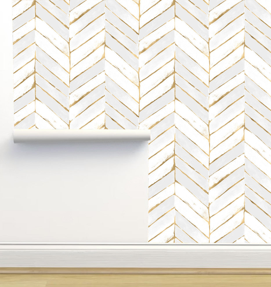 Chevron Painted White Gold Wallpaper, 24"x72"