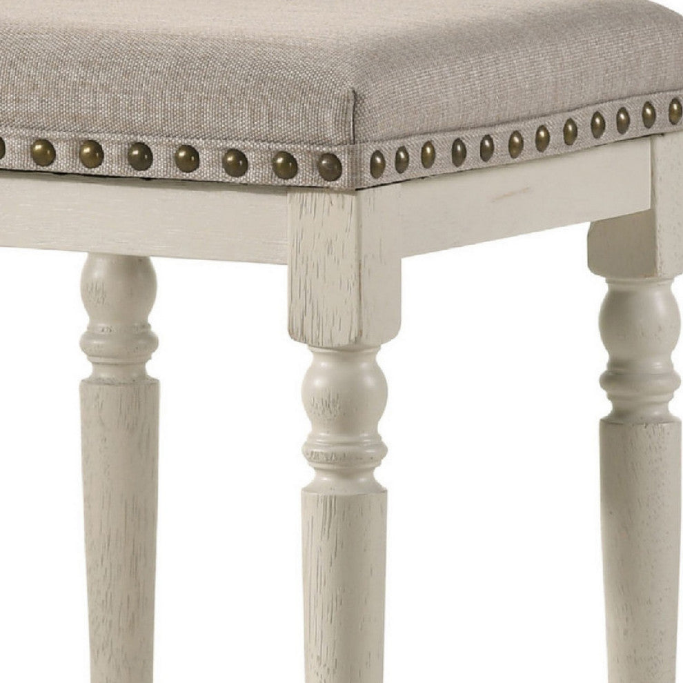 Benzara BM280303 24" Counter Height Stool Nailhead Trim Set of 2, Antique White