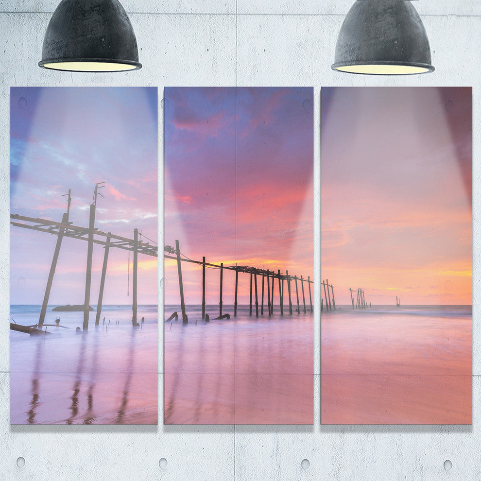 "Abandoned Wooden Pier at Sunset" Sea Pier Metal Wall Art, 3 Panels, 36"x28"