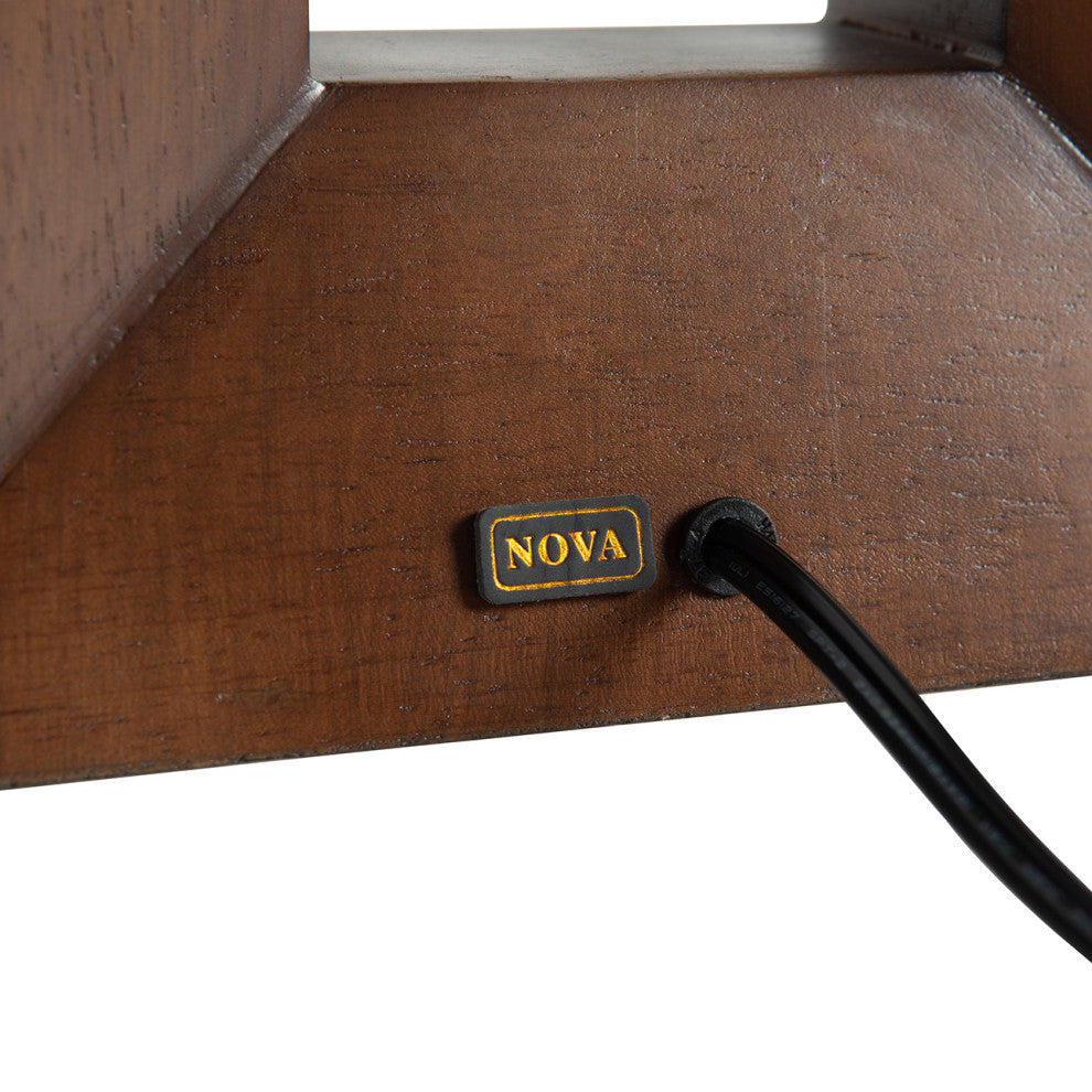 Julie Standing Table Lamp, White Linen Shade, Dark Walnut Wood Finish, Weathered Brass