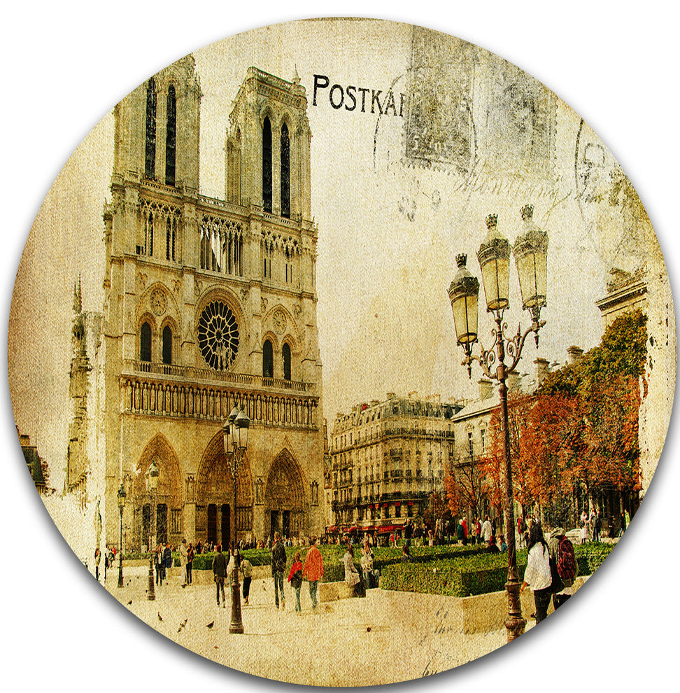 Notre Dame Cathedral Vintage Card, Contemporary Disc Metal Artwork, 23"