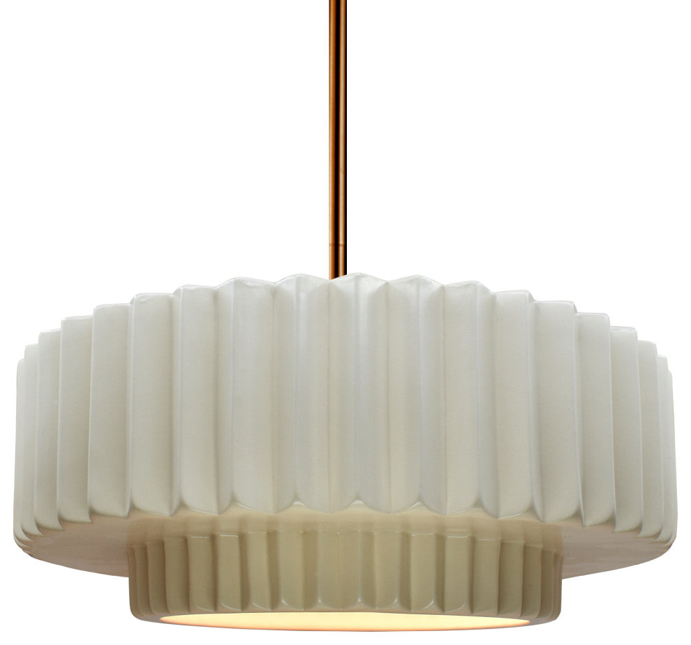 Radiance Medium Tier Pleated Pendant, White Frame, Polished Brass, LED
