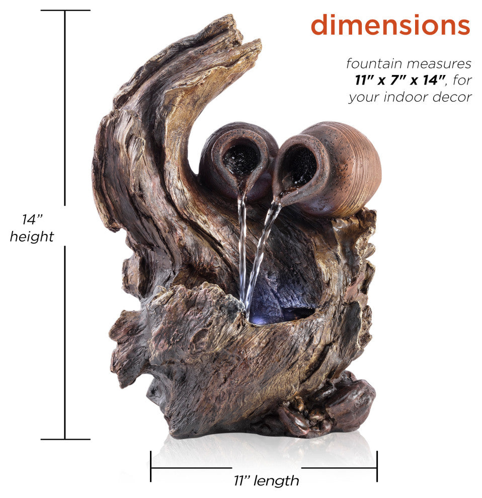 Alpine Two Jars on Tree Branch Tabletop Fountain With LED Light, 14" Tall