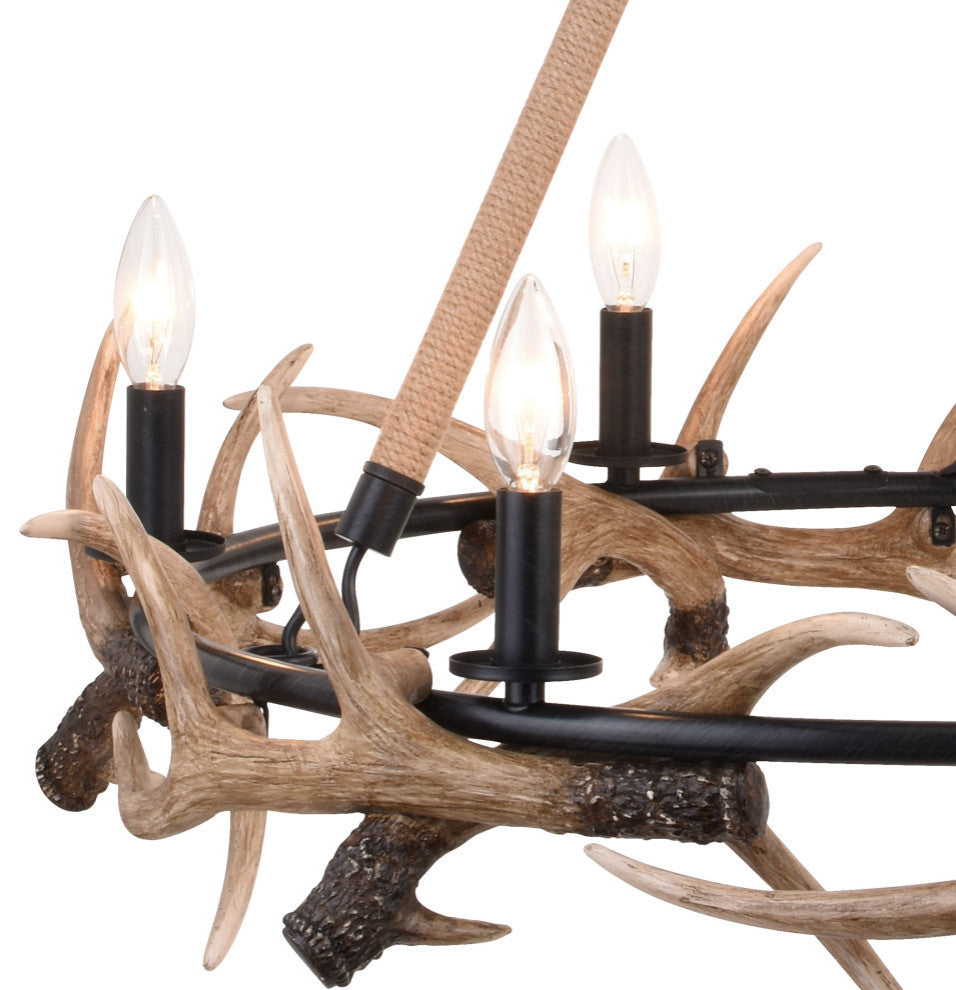 Breckenridge 30.5" 6 Light Antler Chandelier Aged Iron with Natural Rope
