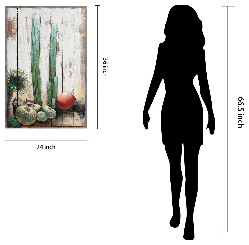 "Cacti" Metal Wall Art Hand Painted on Rugged Wooden Blocks Wall Sculpture