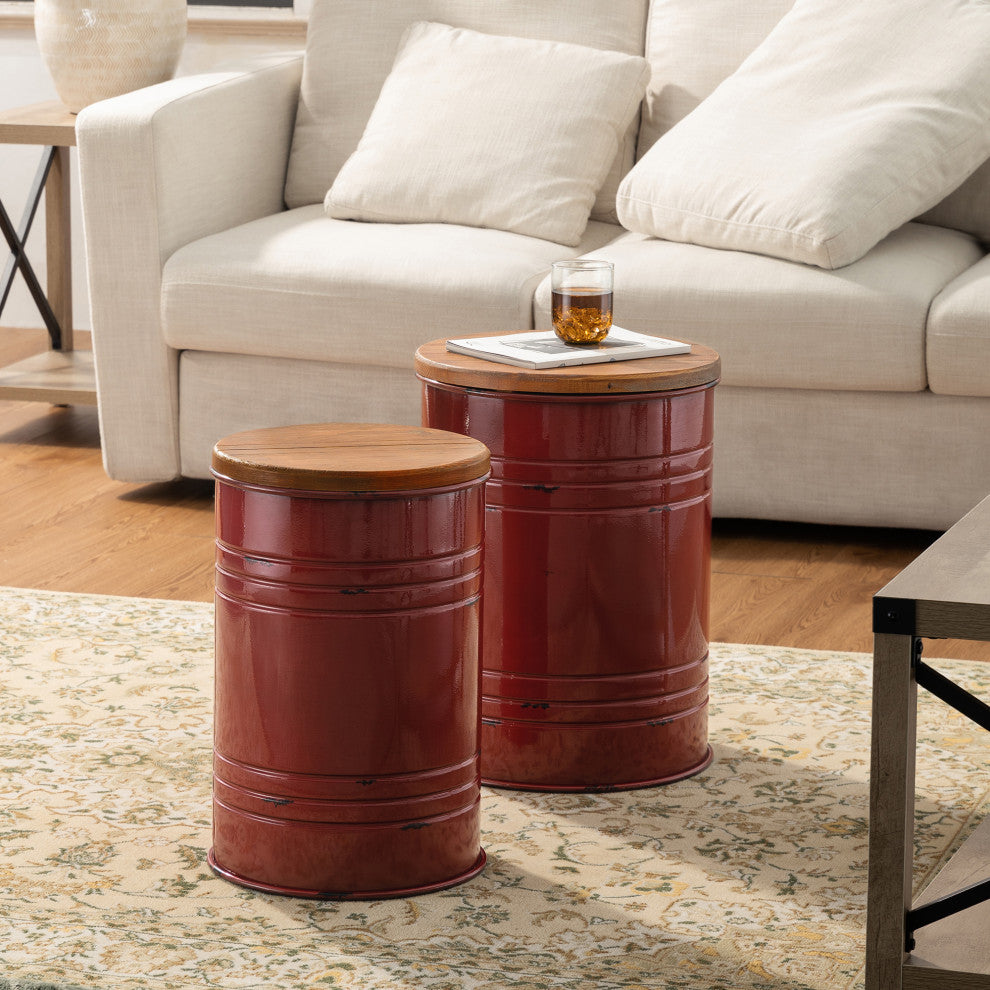 Farmhouse Metal With Solid Wood Seat Storage Stool, Set of 2, Red