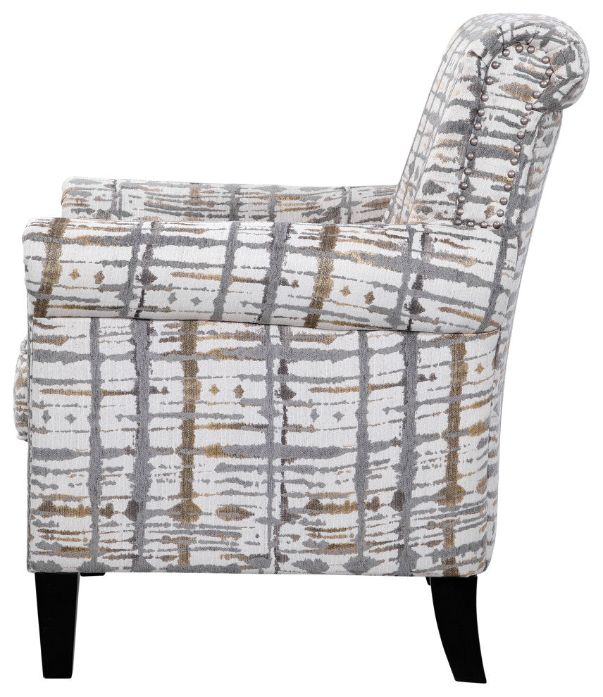 Roseanne Accent Armchair with Silver Nail Head Trim, Gold, Gray and Cream  Splatter