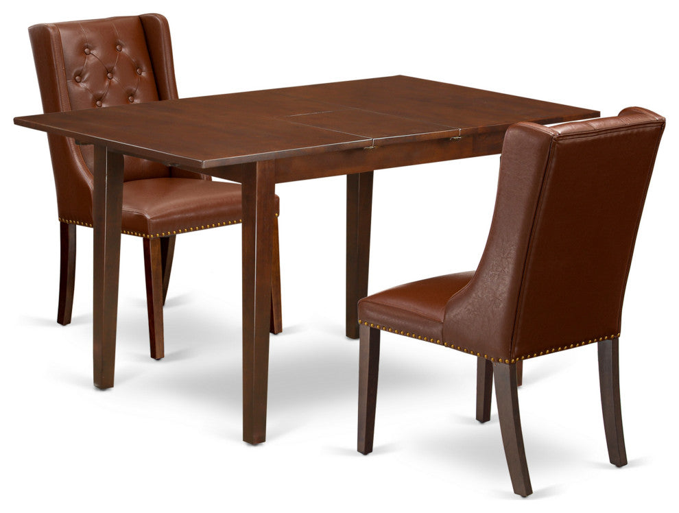 3Pc Dining Set, 1 Picasso Butterfly Leaf Table, 2 Brown Padded Chairs, Mahogany