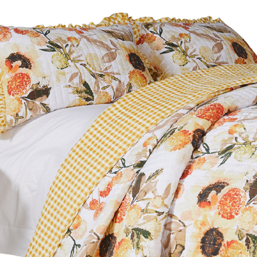 Benzara BM293498 Twin Quilt Set With Pillow Sham, Cotton, Ruffled Border, Gold
