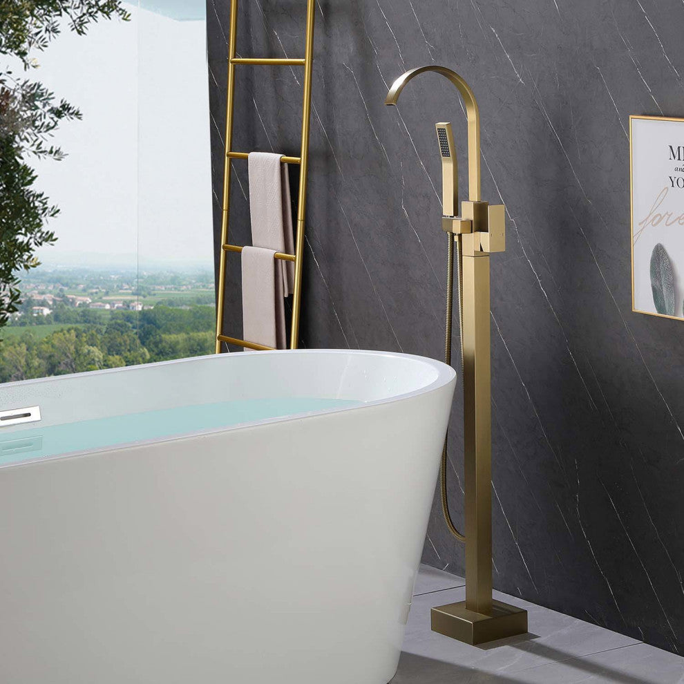 Givingtree Free Standing Single Handle Bathtub Faucet, Matte Black, Gold