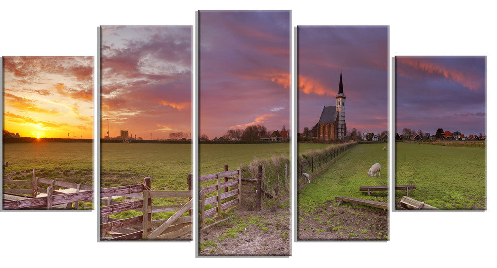 Church of Den Hoorn on Texel Island, Landscape Canvas Print, 60"x32", 5 Panels