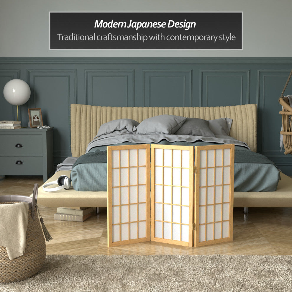 2' Tall Desktop Window Pane Shoji Screen, Natural, 3 Panels
