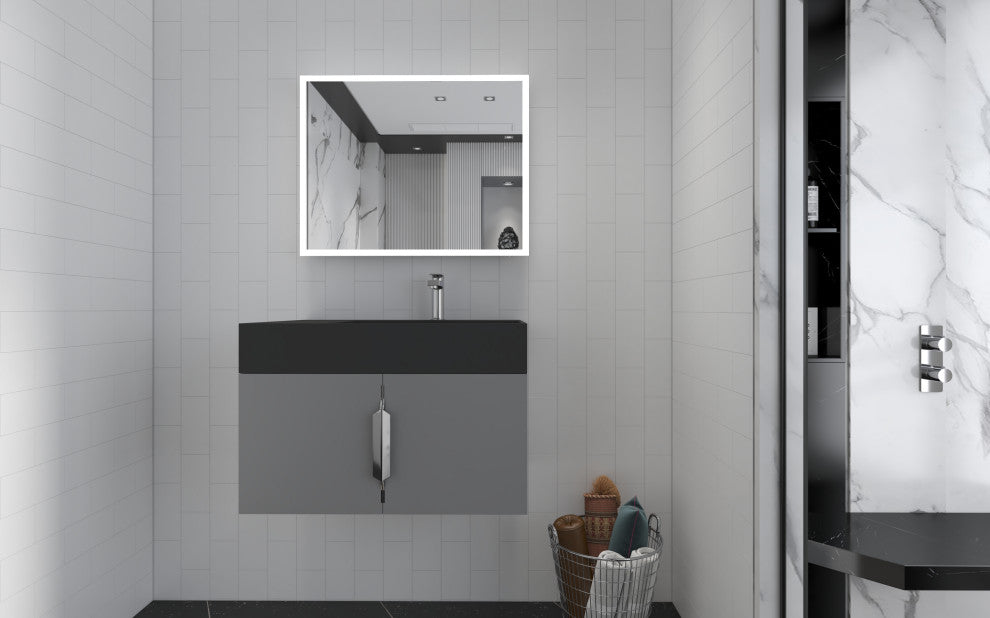 CastelloUSA Amazon 30" Right Wall Mounted Bathroom Vanity Set, Gray, Black Top, Chrome Handles