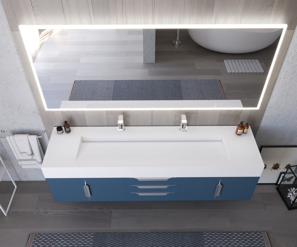 CastelloUSA Alpine 72" Wall Mounted Vanity, Base Only, Blue, Chrome Handles