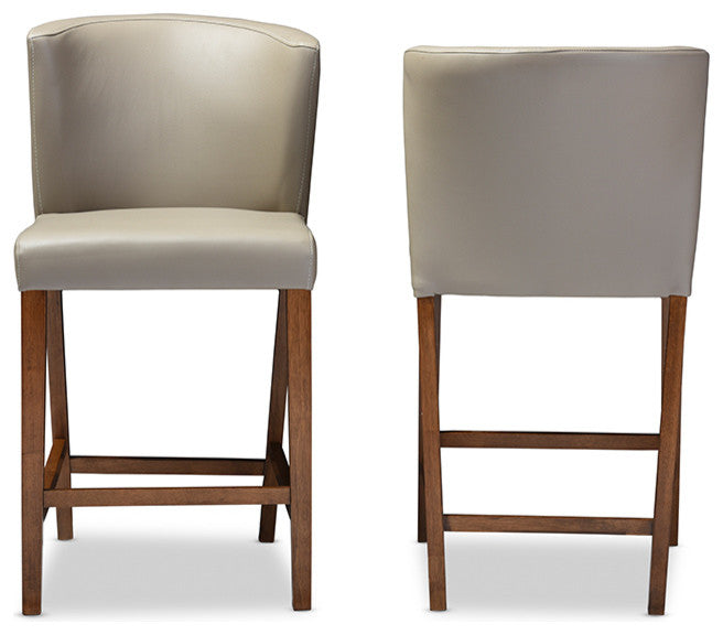 Olivia Dark Walnut Wood Gray Faux Leather Pub Stool, Set of 2