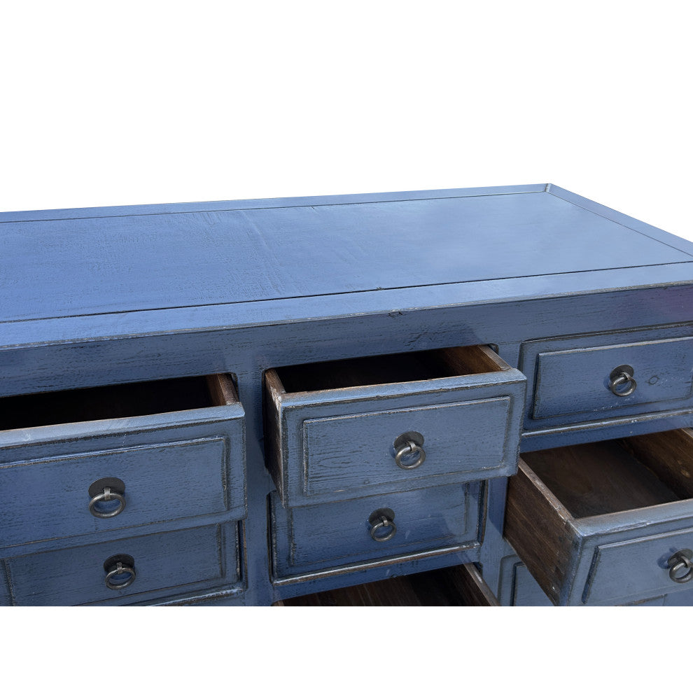 Distressed Deep Blue 12 Drawers Narrow Credenza Sideboard Cabinet